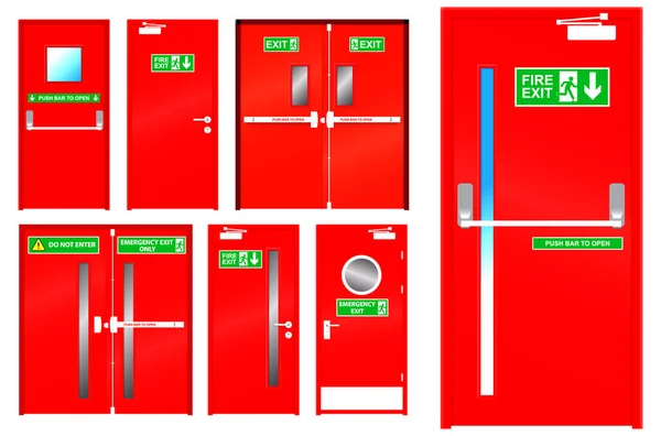 Serie Realistico Rosso Porta Uscita Emergenza Isolato Colore Rosso Porta — Vettoriale Stock