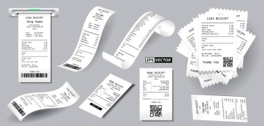 set of realistic register sale receipt isolated or cash receipt printed on white paper concept. eps vector clipart