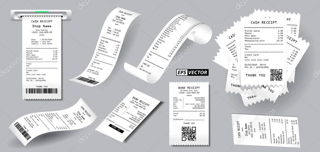 set of realistic register sale receipt isolated or cash receipt printed on white paper concept. eps vector