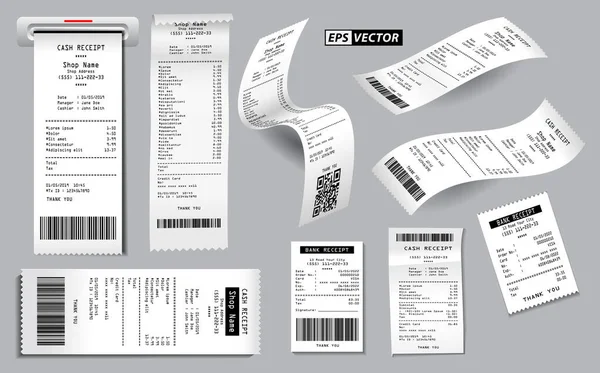 Set Ricevuta Vendita Registro Realistico Isolato Ricevuta Cassa Stampato Concetto — Vettoriale Stock