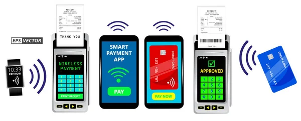 Ensemble Terminal Machine Paiement Nfc Sans Fil Réaliste Isolé Cartes — Image vectorielle