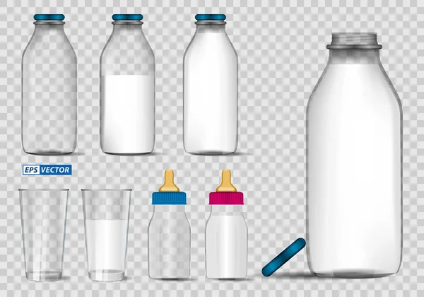 Набір Реалістичних Пляшкових Молока Ізольовані Або Свіже Молоко Скляній Макеті — стоковий вектор