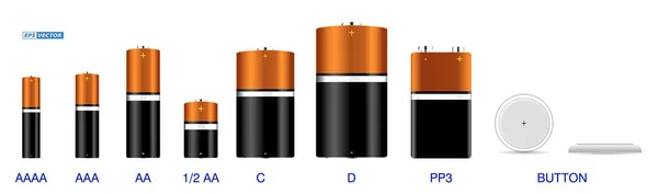 Set Von Realistischen Verschiedenen Alkaline Batterien Isoliert Oder Zylinder Lithium — Stockvektor