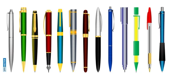 一套现实的钢笔隔离或各种钢笔和弹簧机械笔或办公室文具收集和返回学校的概念 Eps向量 — 图库矢量图片