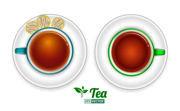 Jogo Vista Superior Realista Chá Uma Xícara Chá Verde Com — Vetor de Stock