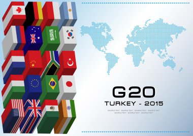 G20 ülke bayrakları ile noktalı Dünya Haritası