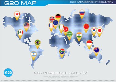 G20 ülke bayrakları ile noktalı Dünya Haritası