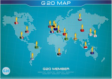 G20 ülke bayrakları ile noktalı Dünya Haritası