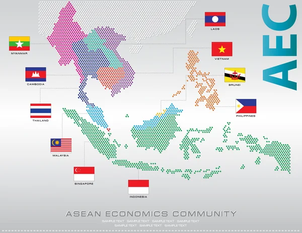 Asean karta prickade med flaggor — Stock vektor