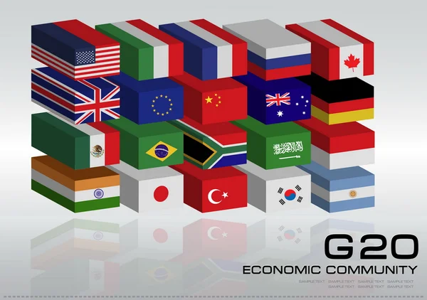 Drapeaux des pays du G20 avec carte du monde en pointillés — Image vectorielle