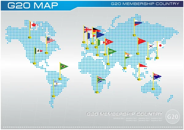 Vlajka země G20 s tečkovaný svět mapa — Stockový vektor