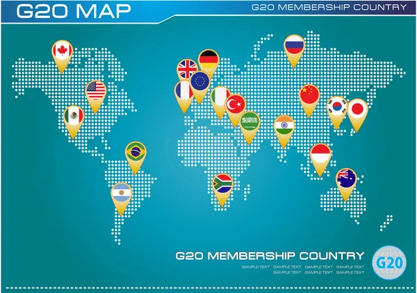 G20 country flags with dotted world map — Stock Vector