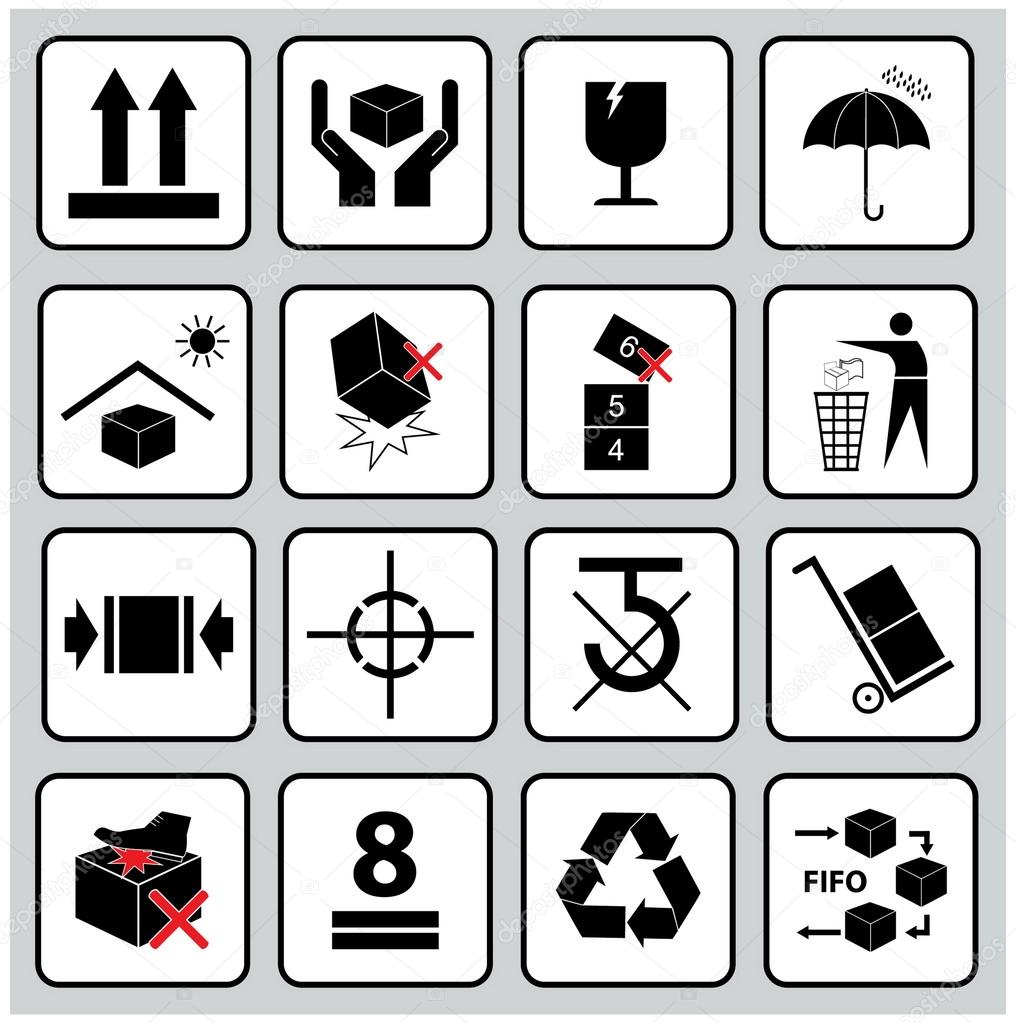 Set of packaging symbols, tableware, plastic, fragile symbols, cardboard  symbols.(this side up, handle with care, fragile, keep dry, keep away from  direct sunlight, do not drop, do not litter) Stock Vector