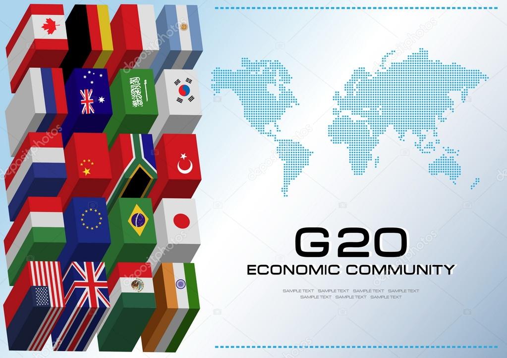 G20 country flags with dotted world map