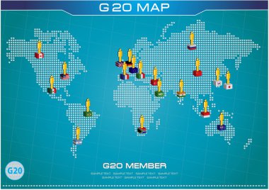 G20 ülke noktalı Dünya Haritası ile 3d tarzında