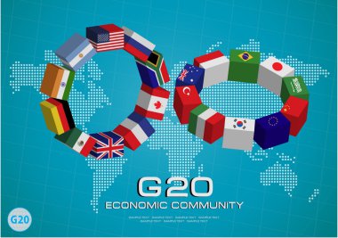 G20 ülke 3d bayrakları tarzı ile noktalı Dünya Haritası