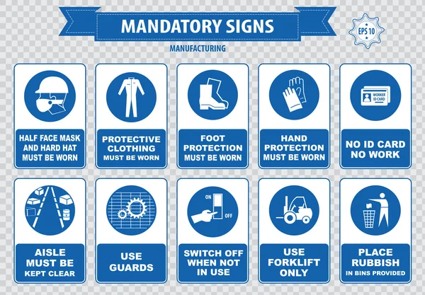 Verplichte borden, bouw gezondheid, veiligheidssignalering — Stockvector