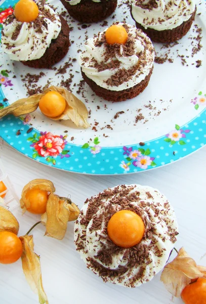 Cupcakes de chocolate com physalis — Fotografia de Stock