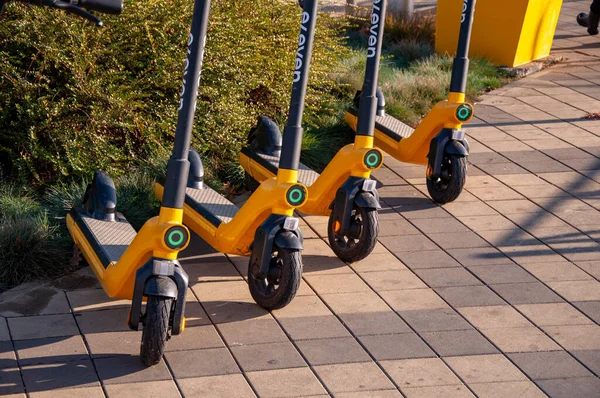 Несколько электрических скутеров припарковано на тротуаре — стоковое фото
