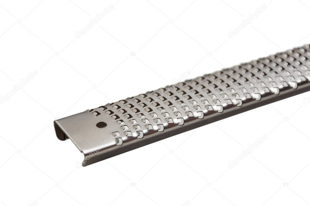 Stainless steel small fine grater isolated on white background. Grater for grating cheese, nutmeg, garlic, zest.