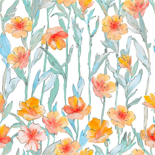 Floral Seamless Pattern. Drawing of a pattern of green leaves and flowers on a white background