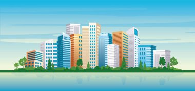 Gökdelenleri, binaları ve parkı olan şehir manzarası. güzel şehir vektör illüstrasyonu