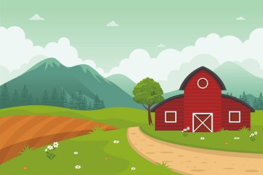 Kırmızı Ahır Evi, güzel manzara vektör çizimi, çimen ve ağaçlarla, basit ve düz dizaynlı şirin