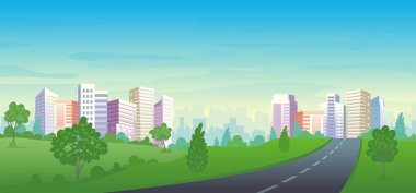 Şehir sokağı, evler ve ofis binalarıyla Panorama City Park manzarası. manzara vektör illüstrasyonu
