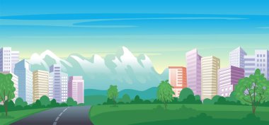 Şehir sokağı, evler ve ofis binalarıyla Panorama City Park manzarası. manzara vektör illüstrasyonu