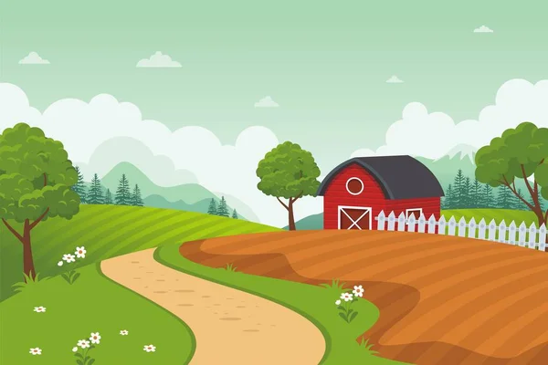 Barn House Com Bela Paisagem Vector Ilustração Com Grama Árvores — Vetor de Stock