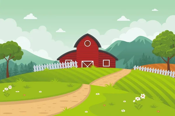 Kırmızı Ahır Evi, güzel manzara vektör çizimi, çimen ve ağaçlarla, basit ve düz dizaynlı şirin