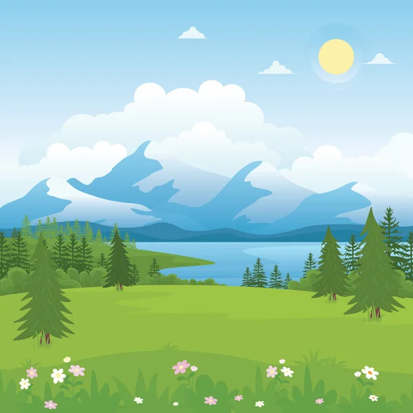 Prachtige Natuur Landschap Heuvel Meer Zee Berg Vector Illustratie — Stockvector