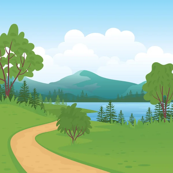 Beautiful Rural Landscape Path Hill Sea Lake Mountain Vector Illustration — Stock Vector