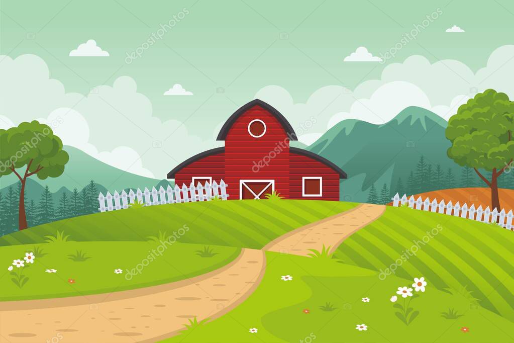 Red Barn House with beautiful landscape Vector illustration with grass and trees, simple and cute with flat design