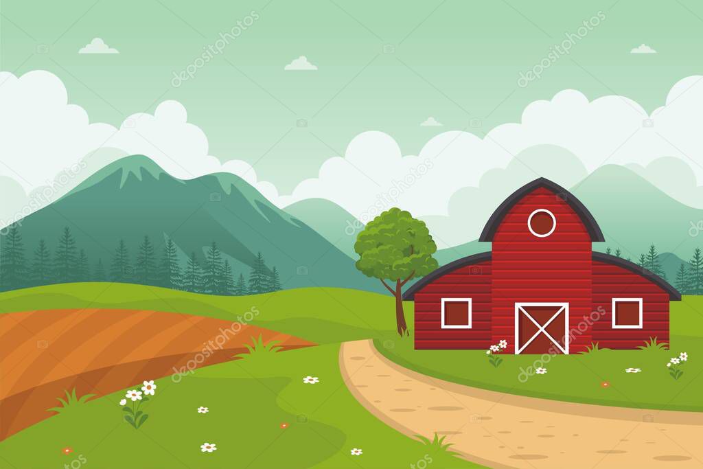 Red Barn House with beautiful landscape Vector illustration with grass and trees, simple and cute with flat design