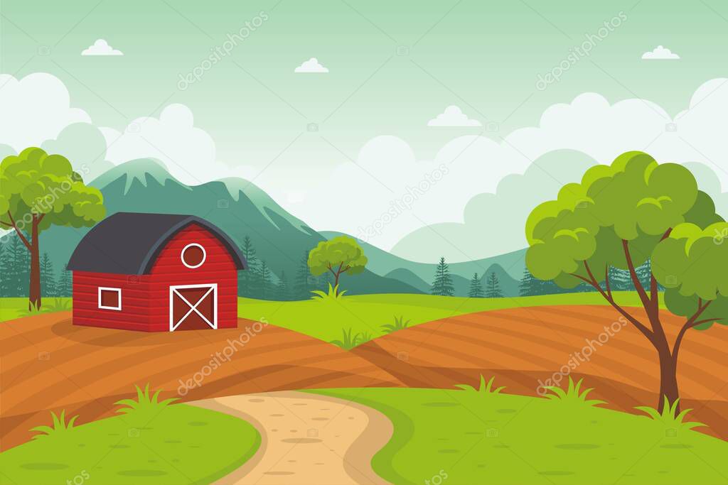 Red Barn House with beautiful landscape Vector illustration with grass and trees, simple and cute with flat design