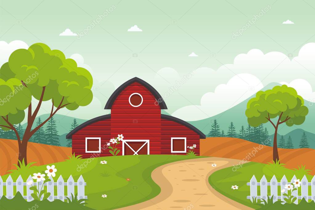 Cartoon Barn House Vector illustration, green grass and trees, simple and cute with flat design