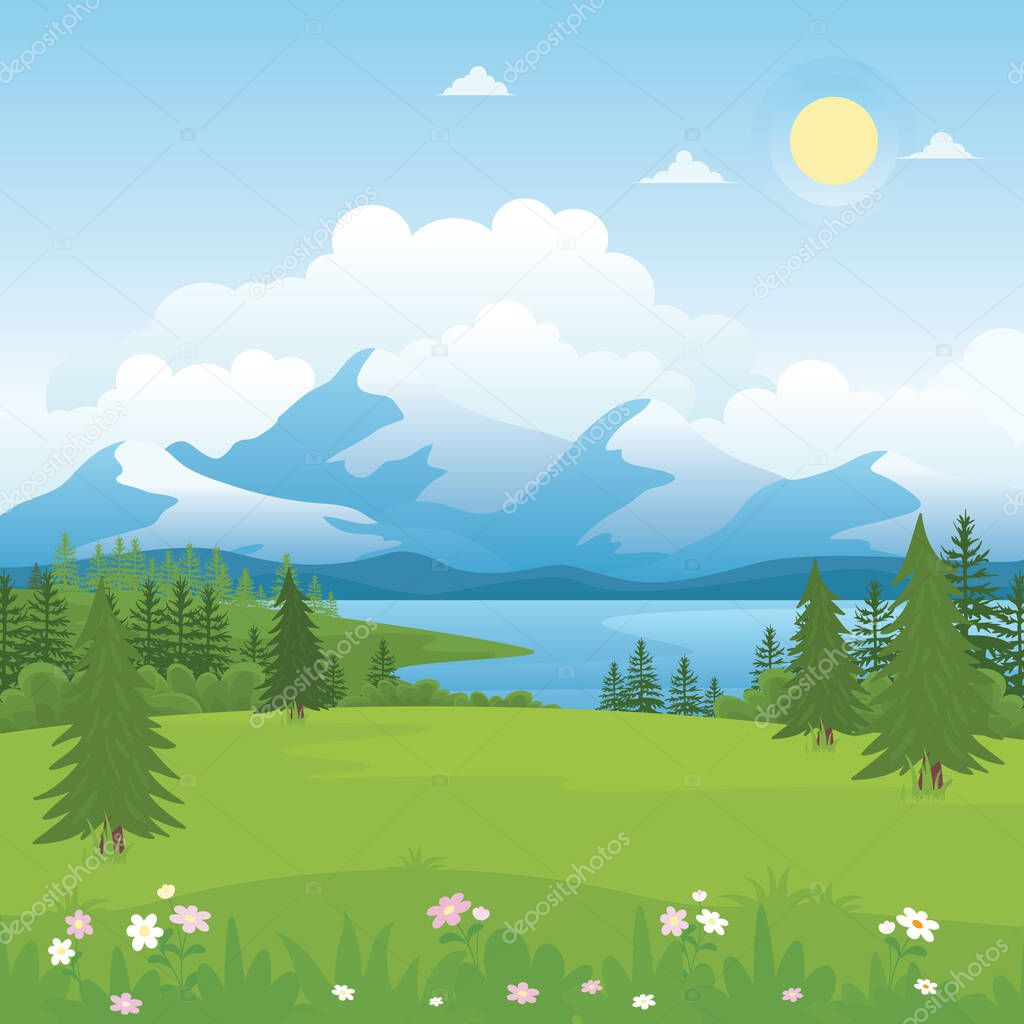 Beautiful nature landscape hill, lake or sea and mountain vector Illustration