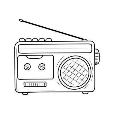 Radio Cassette ana hatları vektör çizimi, doğrusal biçim pictogram, beyaz arkaplan üzerinde izole