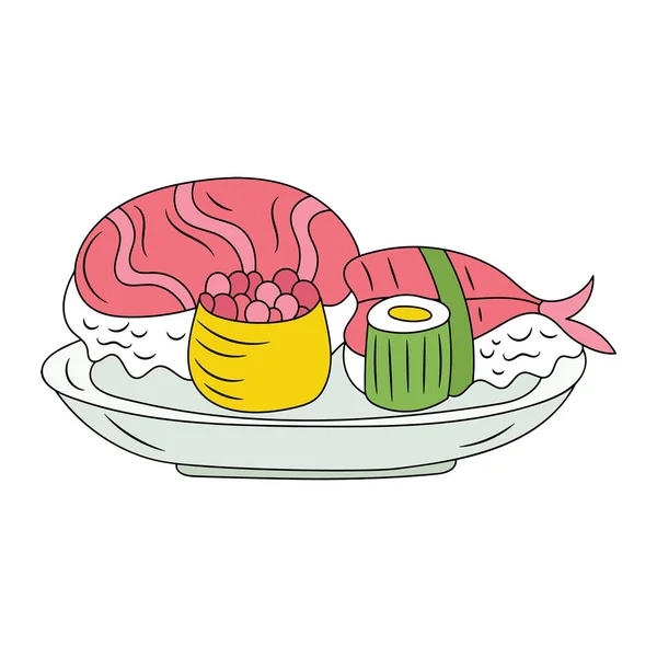 Sushi Makanan Piring Warna Garis Vektor Seni Ilustrasi - Stok Vektor