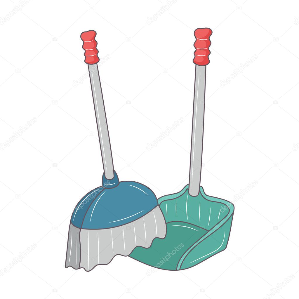 The broom with dustpan, colored Line art vector illustration 