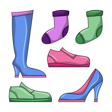 Kadın ayakkabıları koleksiyonu Basit el çizimi çizim tarzıyla renkli vektör çizimi