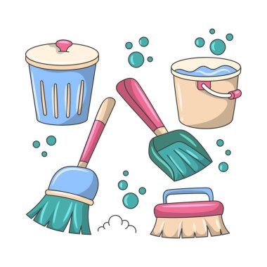 Basit bir el çizimi çizim tarzıyla ev temizleme ekipmanı vektör çizimi