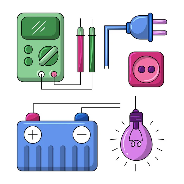 Elektrische Gereedschappen Apparatuur Gekleurde Vector Illustratie Met Eenvoudige Hand Getekend — Stockvector
