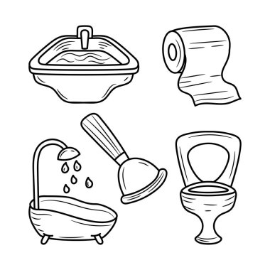 Basit el çizimi taslak tarzıyla banyo ve banyo yapan nesne vektör çizimi