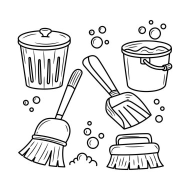 Basit el çizimi çizim tarzıyla ev temizleme ekipmanı vektör çizimi
