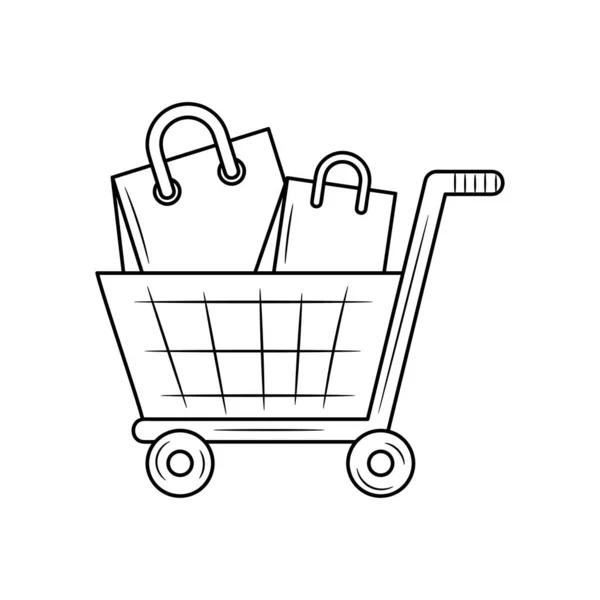 Einkaufswagen Voller Einkaufstüten Vektor Illustration Mit Einfachem Handgezeichneten Skizzenstil — Stockvektor