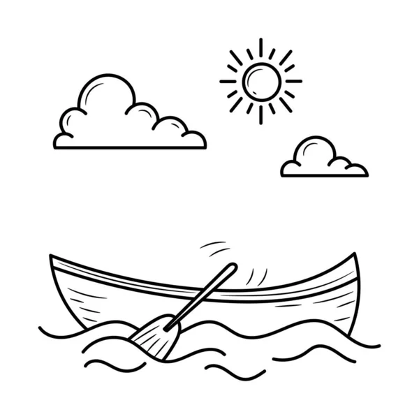 Boot Auf Dem Meer Mit Wolken Und Sonnenvektorillustration Mit Einfachem — Stockvektor