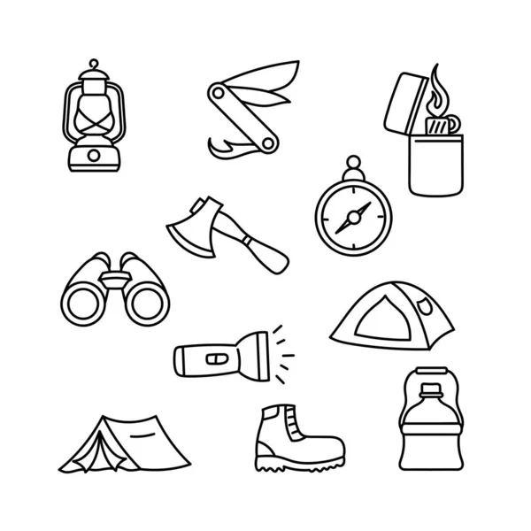 Kamperen Wandelen Pictogram Set Vector Illustratie Met Eenvoudige Hand Getekend — Stockvector