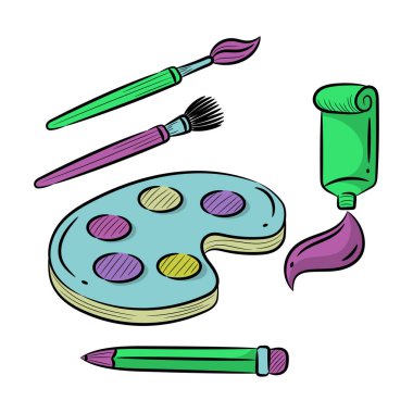 Boyama ve çizim araçları rengarenk vektör illüstrasyonu, el çizimi tasarım